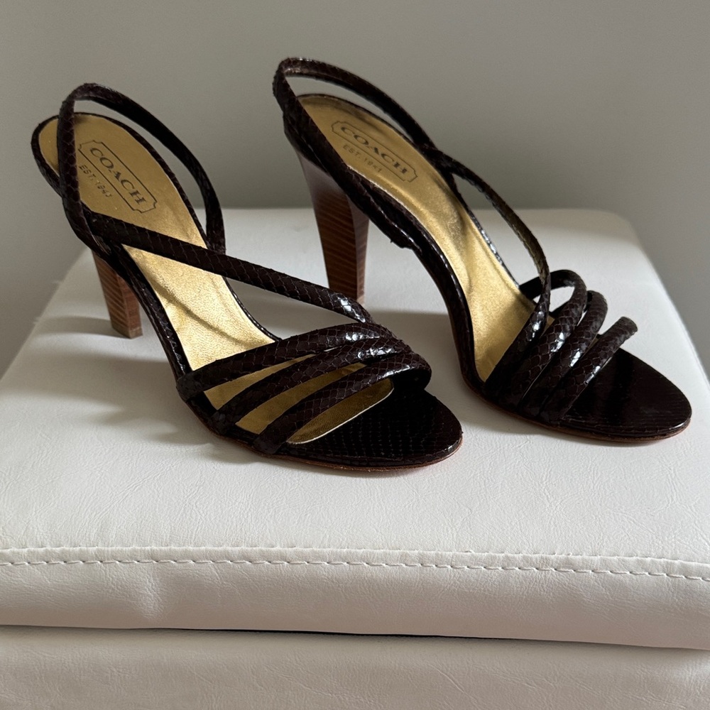 Coach Women's Dark Brown Strappy Heels, Made in Italy
